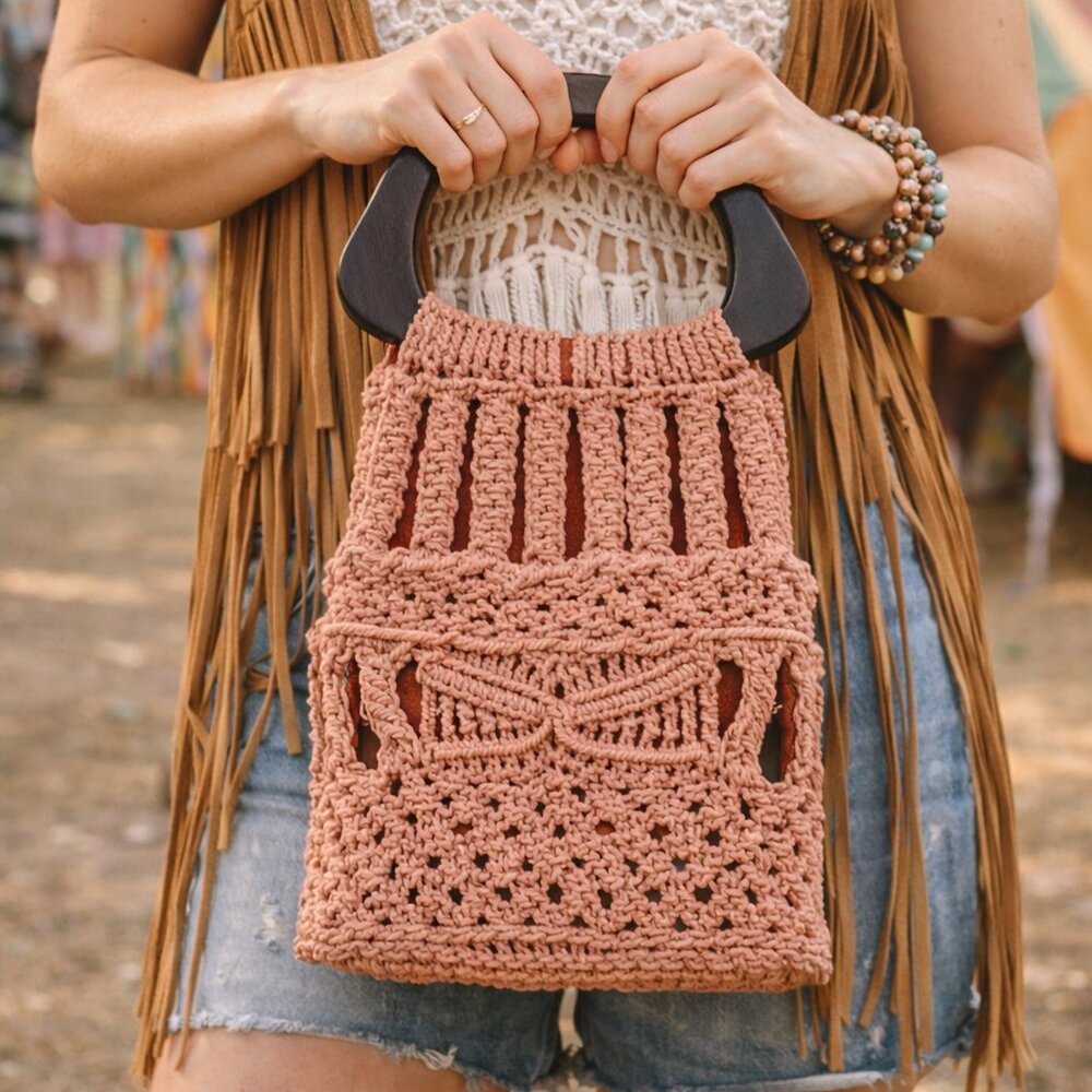 Vintage Macrame Handbag Boho Crochet Purse Wood Handle 70s Tote - Picture 8 of 9